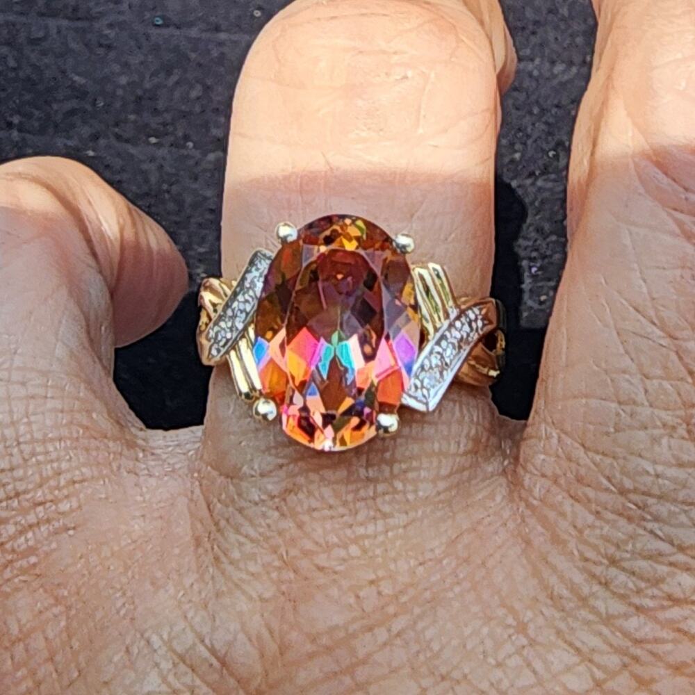 Vintage Fire Mystic Topaz Diamond 14k Yellow Gold Cocktail Ring 8
